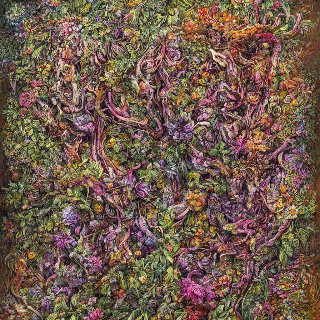 Prompt: a hyper detailed fine painting of a monster made of woods herbs flowers and plants, psychedelic vibrant fulcolor horror surrealism