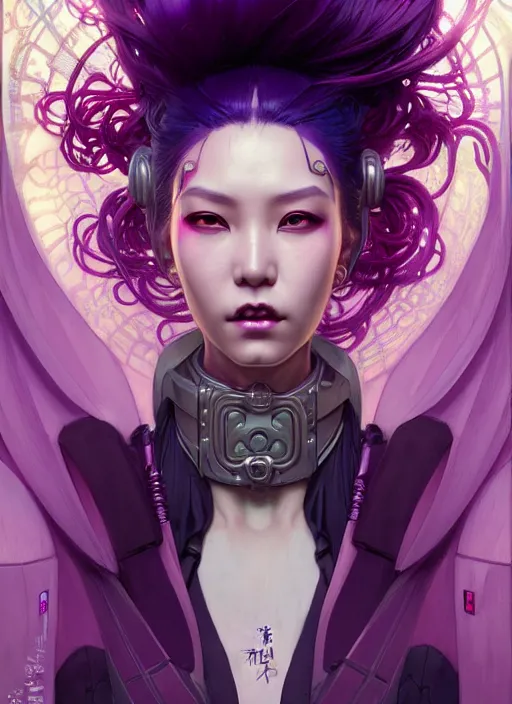 Prompt: portrait of a beautiful cyberpunk geishan woman with purple hair, beautiful symmetrical face, fantasy, regal, by stanley artgerm lau, greg rutkowski, thomas kindkade, alphonse mucha, loish, norman rockwell.