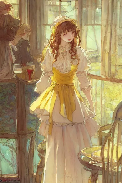 Prompt: A girl in a maid's outfit in a cafe a afternoon, wavy hair yellow theme,S line,45 angel by krenz cushart and mucha and trnyteal