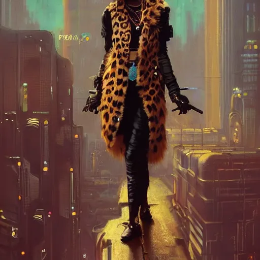 Prompt: female anthropomorphic furry leopard character in cyberpunk clothes. Renowned character illustration by greg rutkowski, thomas kindkade, alphonse mucha, loish, norman rockwell. Trending on artstation.