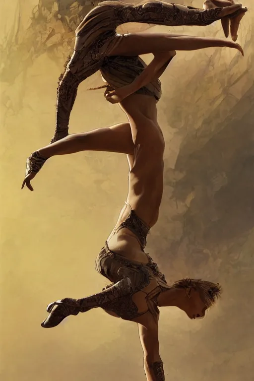 Image similar to a full body portrait of a beautiful post apocalyptic offworld desert gymnast leaping in ballet dance pose by the emerald oasis pools, intricate, elegant, highly detailed, digital painting, artstation, concept art, smooth, sharp focus, illustration, art by krenz cushart and artem demura and alphonse mucha