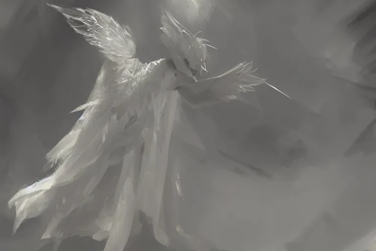 Image similar to a white angel with feathered wings open, digital art in the style of Craig Mullins , 4k