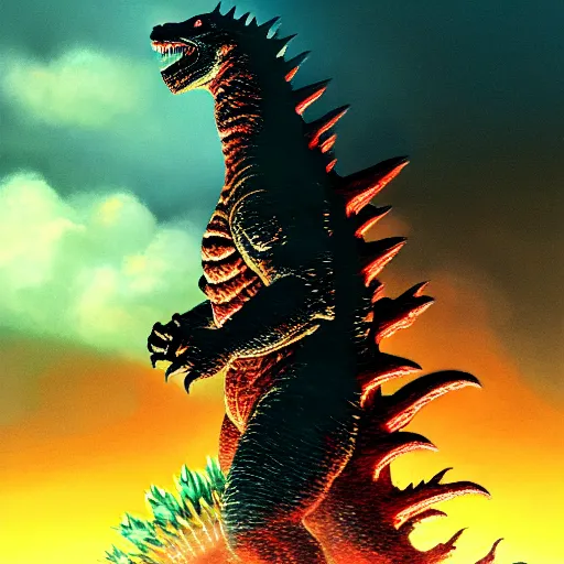 Prompt: godzilla, highly detailed, digital painting, smooth, sharp focus, illustration, ultra realistic, 8 k, art by hideaki anno and shinji higuchi