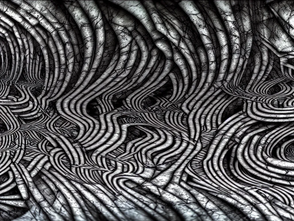 Image similar to hr giger landscape, neo surrealism, art by ernst haeckel and daniel martin diaz and mc escher, 8 k, unreal engine render