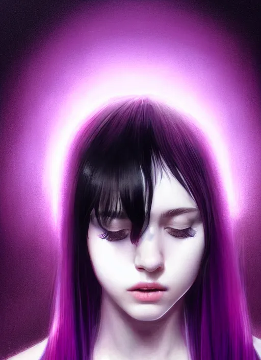 Image similar to hair whitebangs hair, black hair, whitebangs, portrait of teenage girl with white bangs, red irises, purple clothes, white bangs, bangs are different color from hair, intricate, elegant, glowing lights, highly detailed, digital painting, artstation, concept art, smooth, sharp focus, illustration, art by wlop, mars ravelo and greg rutkowski