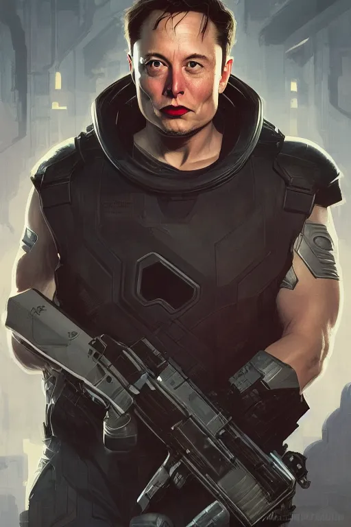 Image similar to elon musk as punisher, realistic portrait, symmetrical, highly detailed, digital painting, artstation, concept art, smooth, sharp focus, illustration, cinematic lighting, art by artgerm and greg rutkowski and alphonse mucha