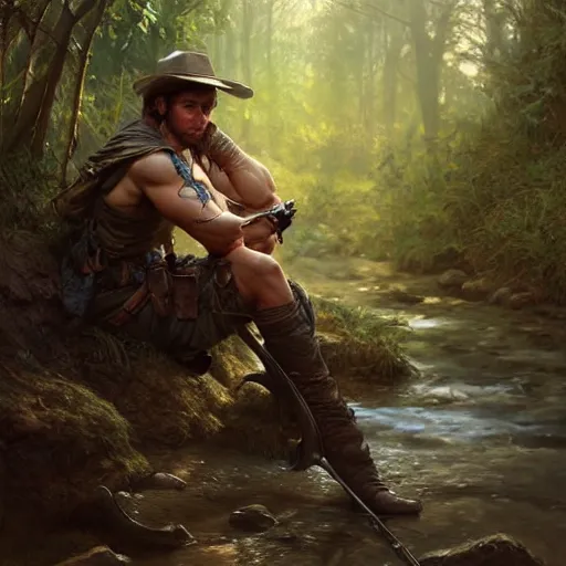 Prompt: young rugged ranger sitting by a stream, muscular thighs, D&D, fantasy, intricate, cinematic lighting, highly detailed, digital painting, artstation, concept art, smooth, sharp focus, illustration, art by Artgerm and Greg Rutkowski and Alphonse Mucha