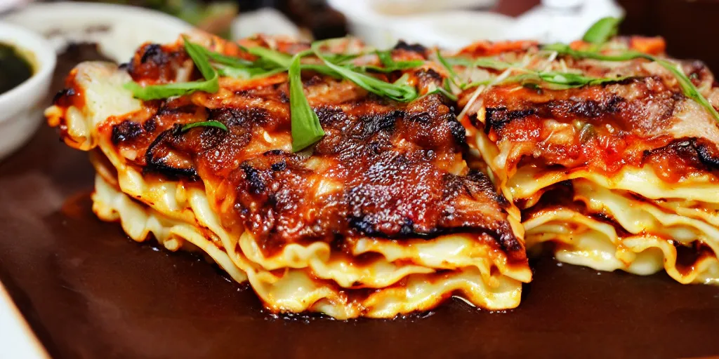 Prompt: japanese fusion cuisine, yakitori grilled lasagna