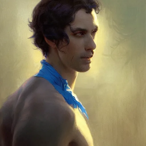 Image similar to detailed cinematic wide shot of beautiful attractive young man black clothes black hair no beard slim face symettrical face clean skin blue eyes black clothes, ultra realistic, spring light, painting by gaston bussiere, craig mullins, j. c. leyendecker