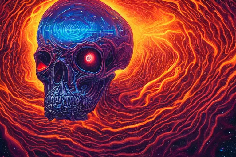 Image similar to a giant skull with deep and intricate rune carvings and glowing eyes with thick lovecraftian tentacles emerging from a space nebula by dan mumford, twirling smoke trail, a twisting vortex of dying galaxies, digital art, photorealistic, vivid colors, highly detailed, intricate