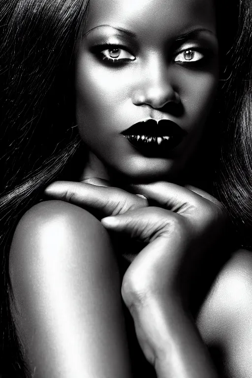 Prompt: stunning black and white portrait of a beautiful black woman by kenneth willardt. long straight glossy hair and makeup. vintage glamour. shiny dark lips. sharp focus.