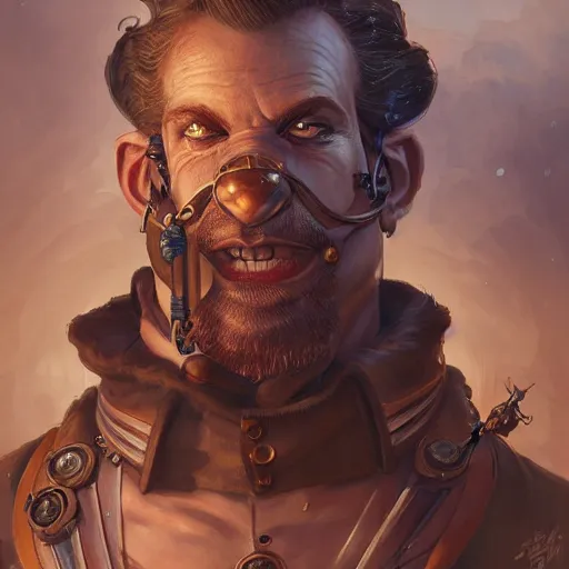 Image similar to a portrait of a steampunk half ogre half man, cinematic lightning, d & d, fantasy, highly detailed, digital painting, sharp focus, illustration, art by artgerm and greg rutkowski and magali villeneuve