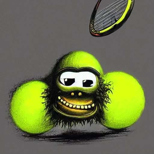 Prompt: a tennis ball monster, tennis ball, dark, chalky, skateboarding, digital art, fantasy, magic, trending on artstation, ultra detailed, professional illustration by Basil Gogos