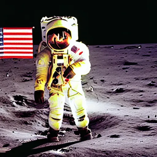 Image similar to old photo of a muppet on the moon, ( ( usa flag ) ), next to moon lander
