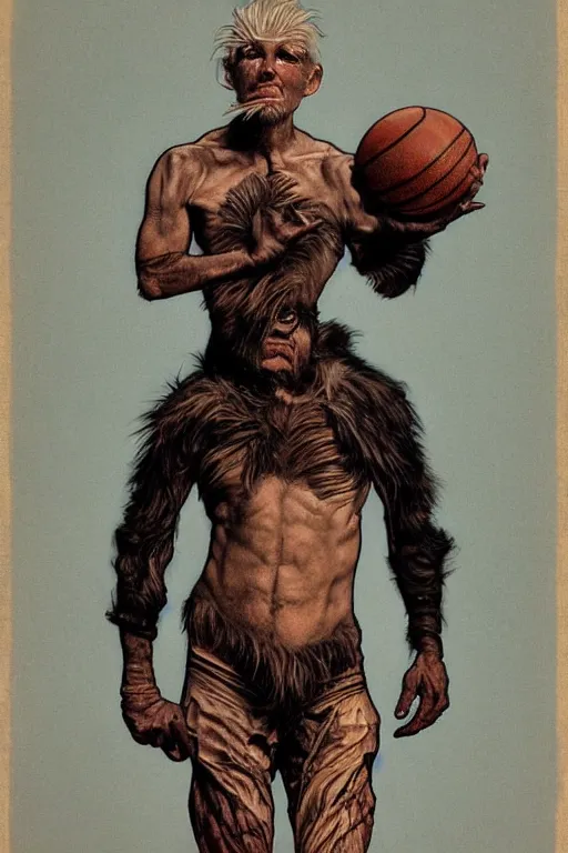 Prompt: surreal 4k HD digital full body portrait of humanoid basketball, white hair mohawk, black paper, b-ball monster, arms and legs on spherical humanoid creature, basketball pustules, by Alphonse Mucha, Craig Mullins, Marc Simonetti, Artstation