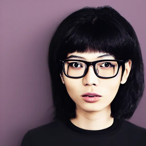 Prompt: portrait of an asian trans girl with very black hair in a shag haircut, wearing glasses, wearing a black t-shirt, digital art, elegant pose, masterpiece