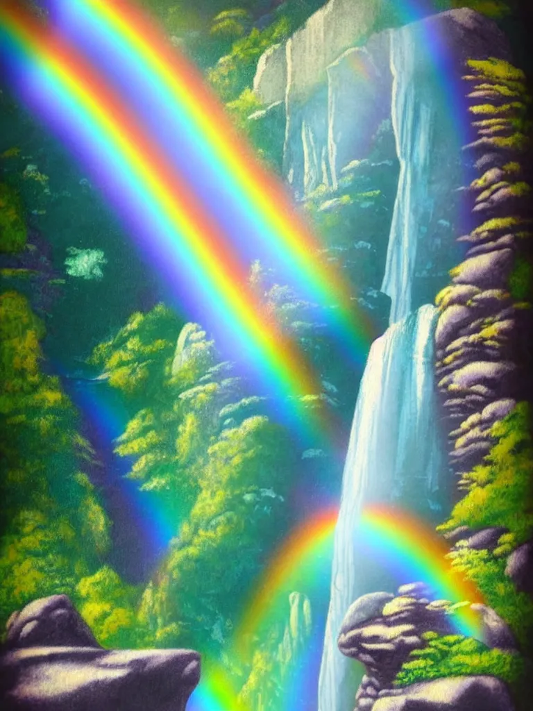 Image similar to artdeco illustration waterfall cascading onto rocks, small rainbow emerging in background, holographic, beautiful scenery,