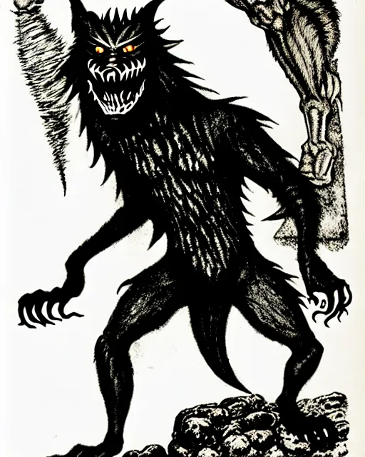 Image similar to a licorice werewolf as a D&D monster, full body, pen-and-ink illustration, etching, by Russ Nicholson, DAvid A Trampier, larry elmore, 1981, HQ scan, intricate details, Monster Manula, Fiend Folio