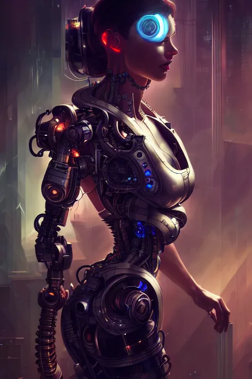 Image similar to ultra realistic, beautiful female cyborg in a crowded smoky cyberpunk club in space megalopolis, sci - fi, intricate details, eerie, highly detailed, octane render, 8 k, art by artgerm and alphonse mucha and greg rutkowski