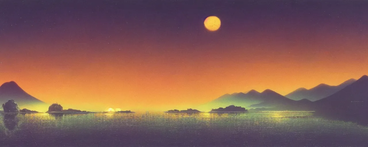 Prompt: awe inspiring bruce pennington landscape, digital art painting of 1 9 6 0 s, old japan at night, 4 k, matte