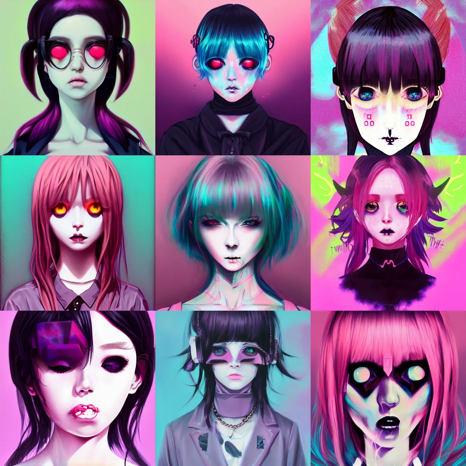 Prompt: 9 0 s, pastel goth aesthetic, creepy gothic portrait kawaii, vaporwave colors, anime manga, futuristic, hyperrealistic painting, by stanley twardowicz, ilya kuvshinov, rossdraws, trending on artstation