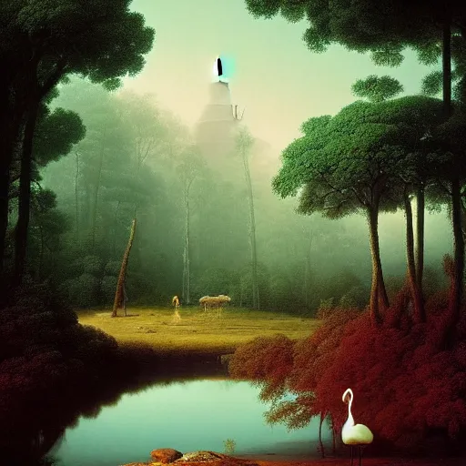 Prompt: reflective realistic futuristic forest pyramid flamingo steak neck beech tree , by Martin Johnson Heade and Ivan Aivazovsky and Mike Winkelmann , cluttered , National Geographic photo , fauvist