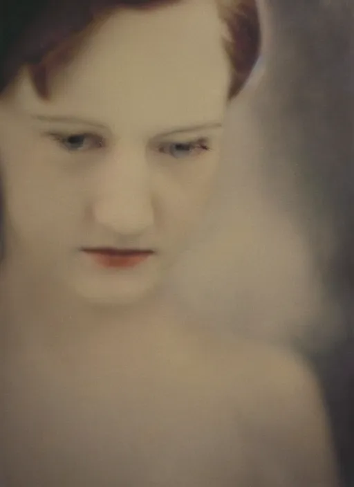 Image similar to out of focus photorealistic portrait of < zelda fitzgerald > as a beautiful young lady by sarah moon, very blurry, translucent white skin, closed eyes, foggy, closeup