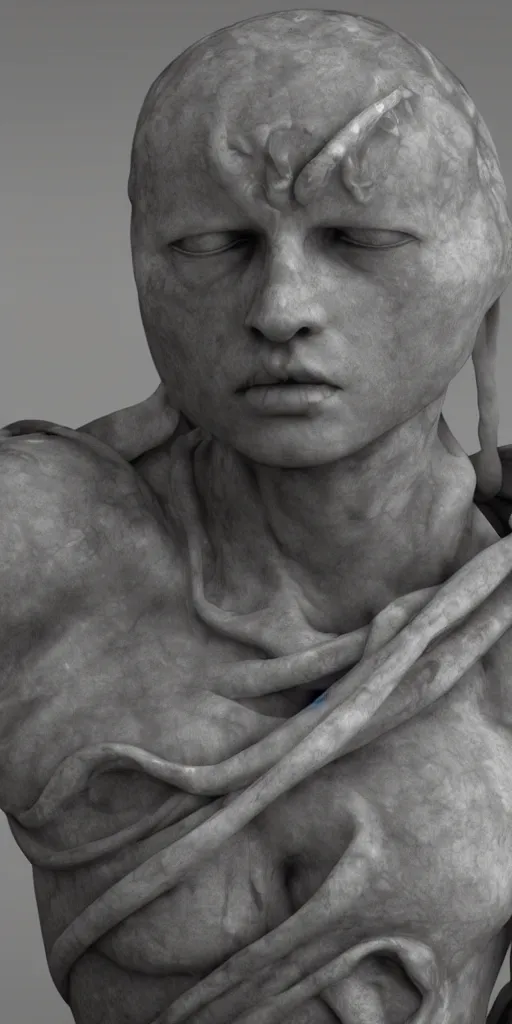 Image similar to weird marble statue close up in a dark room, creepy and eerie athmosphere, mist, godrays, photorealistic, highly detailed, unreal engine