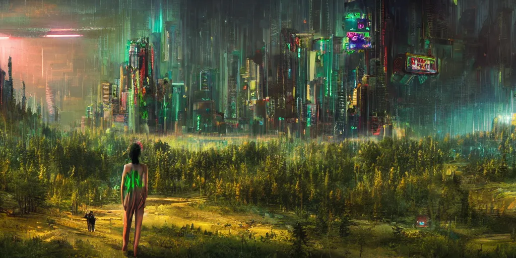 Image similar to a cinematic composition depicting : a computer run degrading cyberpunk world, on top of the mountain a mysterious translucid crystal neural network being is using its transformative energy to transition to a hopeful to lush green foresty solarpunk civilization in the valley at dawn