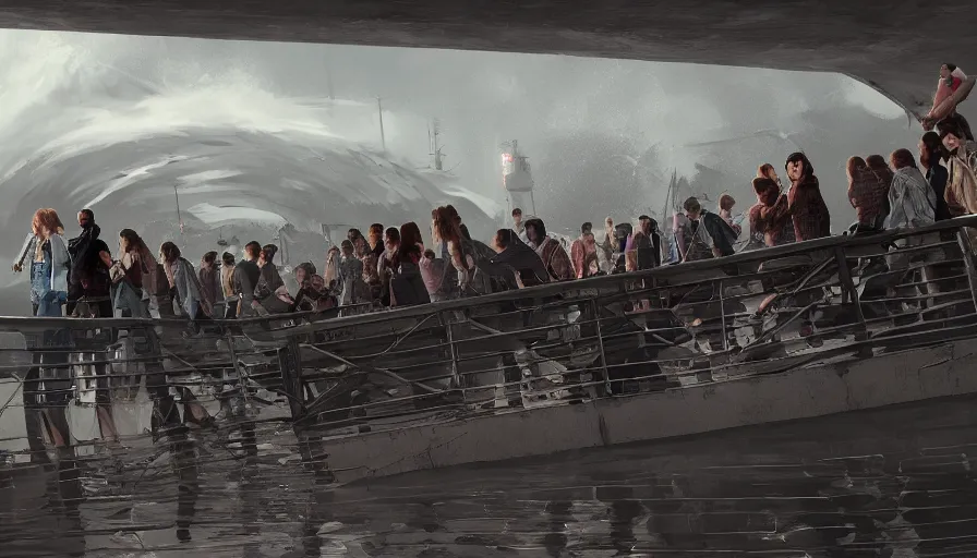 Image similar to people on a bridge watching tsunami coming to them, hyperdetailed, artstation, cgsociety, 8 k