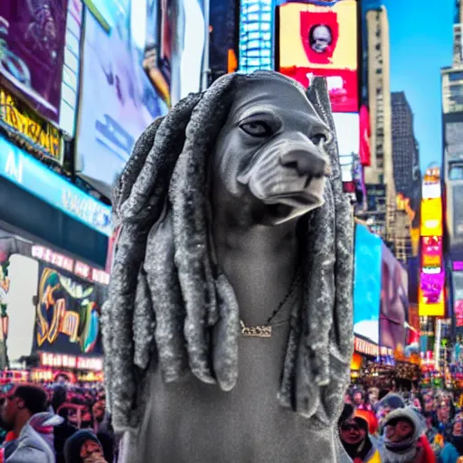 Image similar to snoop dog ice sculpture in times square, photorealistic, 8 k resolution, high detail