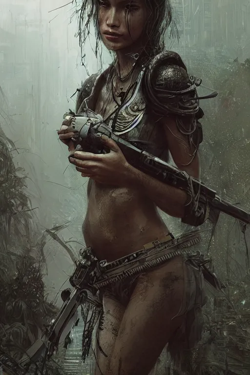 Image similar to portrait of a young very beautiful cute tribal woman with a futuristic gun, in a post apocalyptic city overgrown with lush vegetation, by Luis Royo, by Greg Rutkowski, dark, gritty, intricate, volumetric lighting, volumetric atmosphere, concept art, cover illustration, octane render, trending on artstation, 8k