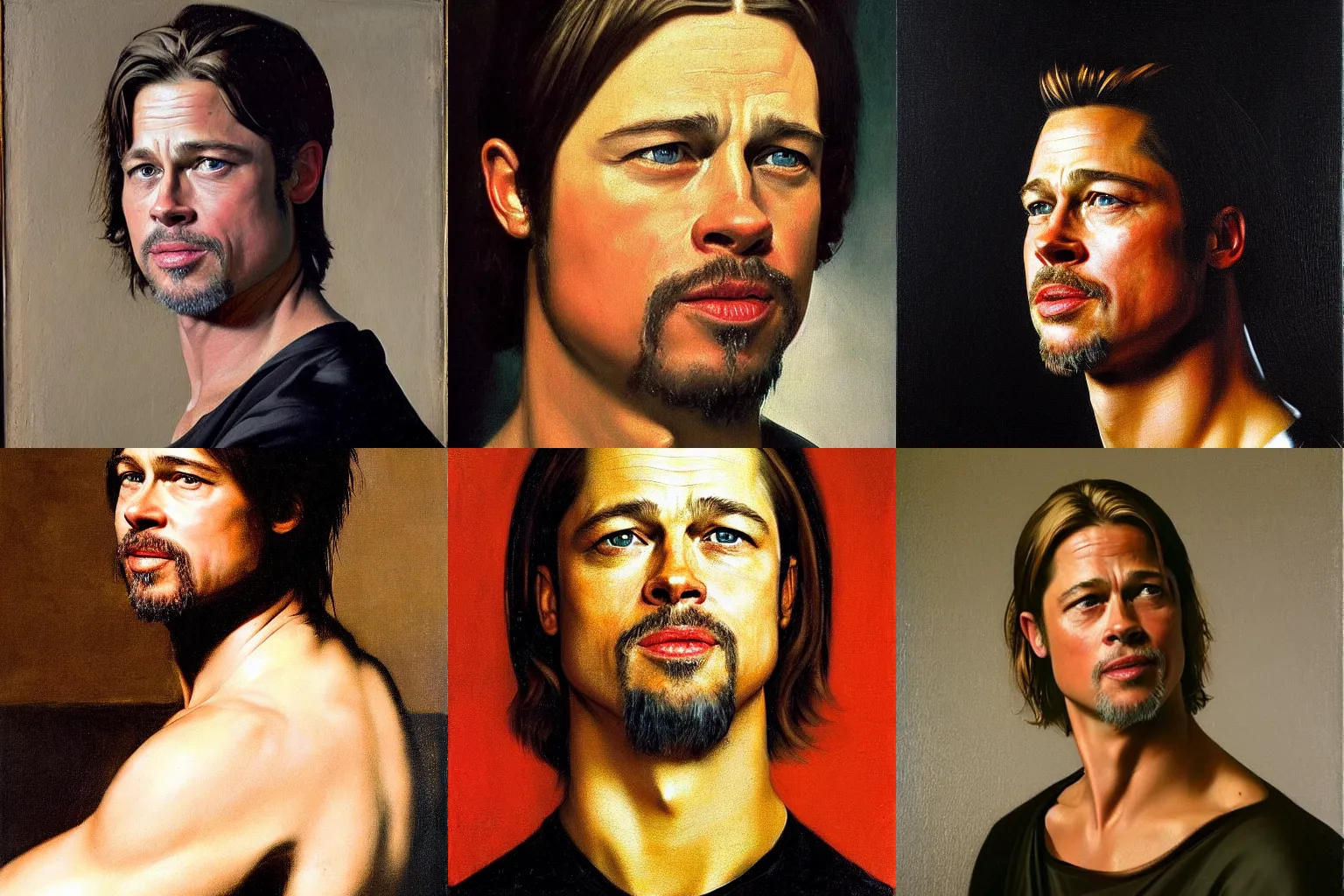 Prompt: portrait of brad pitt, by caravaggio. oil painting.