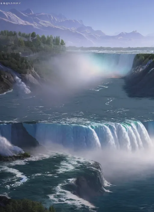 Prompt: cascade of gigantic niagara falls, epic mountains in the background, dawn, fantasy illustration, matte painting, concept art, volumetric lighting, volumetric atmosphere, morning mist, art by james gurney, unreal engine 5, 8 k