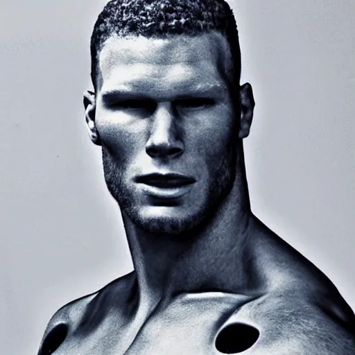 Image similar to “a realistic detailed photo of a guy who is an attractive humanoid who is half robot and half humanoid, who is a male android, basketball player Blake Griffin, shiny skin, posing like a statue, blank stare”