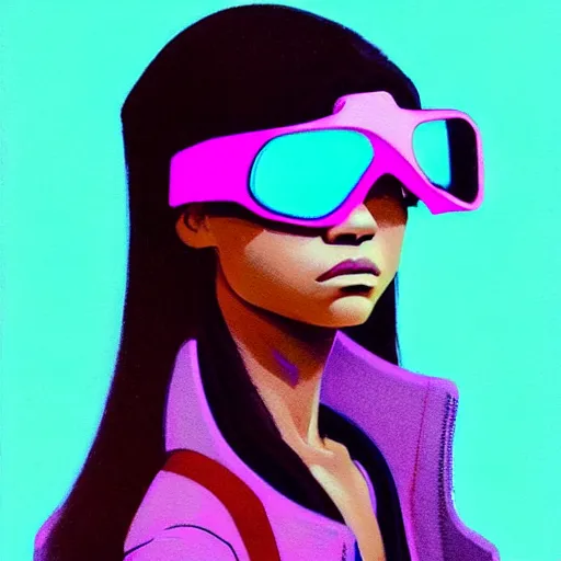 Prompt: zendaya wearing opaque reflective goggles profile picture by Greg Rutkowski, brown skin, very long hair, dune, asymmetrical, futuristic, neon volumetric lights, cool colors, streetwear, studio ghibli, Organic Painting , Matte Painting, geometric shapes, hard edges, street art, trending on the artstation, fantasy LUT, realistic by Sachin Teng + Martin Grip + Moebius, techwear, Industrial Scifi, detailed illustration, character portrait, blurred background