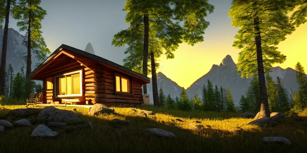 Image similar to a cozy little house in the woods, mountains in the background relaxing, 3 d concept art by phillip urlich, chill, relaxing, peaceful, sunset, extremely detailed art, unreal engine 5, hyper realism