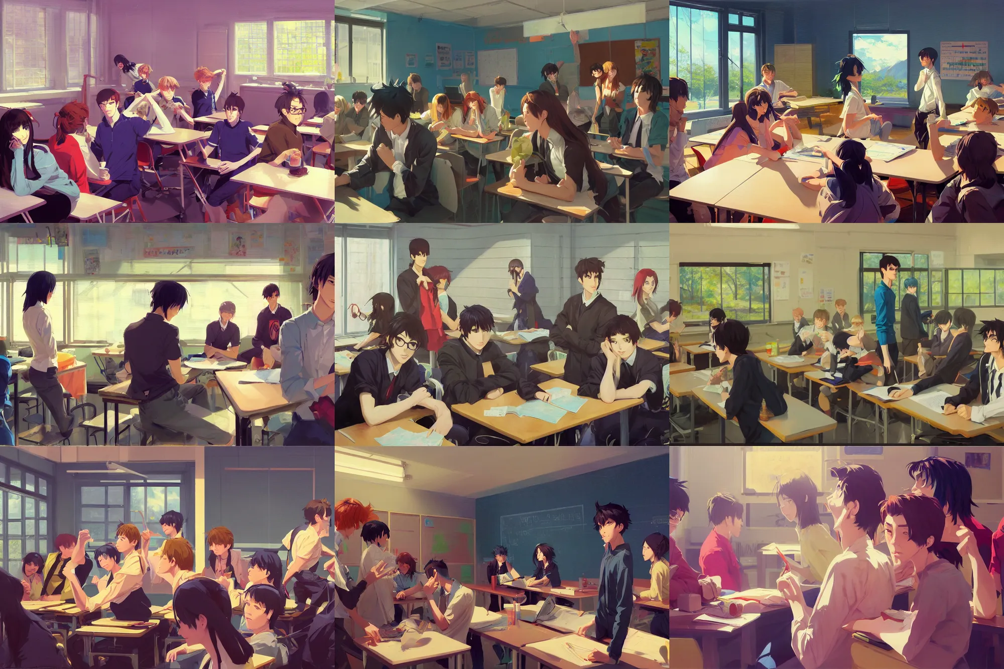 Prompt: high school classroom scene spring setting, expert high detail concept art, perfect proportions fine face, tall handsome guys, bold colors, colorful, sharp focus, realistic shaded lighting poster ilya kuvshinov, katsuhiro, jeremy lipkin and michael germash, makoto shinkai, loish and clamp style, trending on art station, best selling artist
