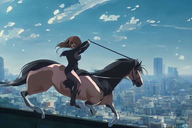 Prompt: beyonce dressed as a ninja riding a crystal horse on a harlem rooftop, highly detailed, 4k resolution, lighting, anime scenery by Makoto shinkai