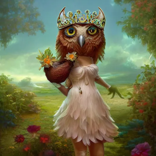 Image similar to an anthropomorphic Owl Girl wearing a sundress and a tiara, garden, summer, 8k resolution matte fantasy painting, cinematic lighting, DeviantArt, Artstation, Jason Felix Steve Argyle Tyler Jacobson Peter Mohrbacher