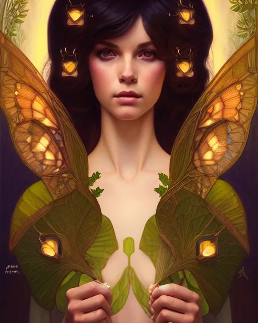 Prompt: symmetry portrait of brunette princess, glam, fae, fireflies, forest background, intricate, elegant, highly detailed, digital painting, artstation, concept art, smooth, sharp focus, illustration, art by artgerm and greg rutkowski and fra angelico and alphons mucha