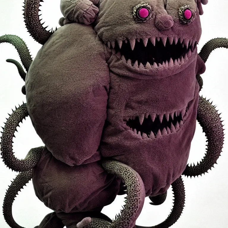 Image similar to photo of cute plush fluffy chibi monster with spikes, tentacles and many eyes. jpeg compression artifacts, strong compression artifacts. made by giger, wayne barlowe, dariusz zawadzki, zdzislaw beksinski