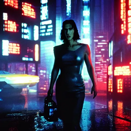 Image similar to jennifer connelly starring in a cyberpunk movie in a distopic futuristic city in the style of bladerunner, movie still, highly detailed, rainy night, volumetric lights, dramatic, scifi, sharp focus