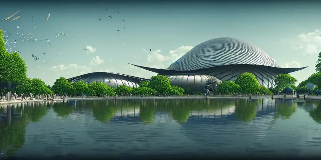 Image similar to expo 6 7 pavillion, solarpunk, studio ghibli, jean - baptiste monge, octane render, 4 k, symmetry