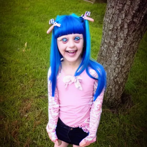 Prompt: an amazing girl with a crazy smile and two blue pigtails looks at you piercingly.