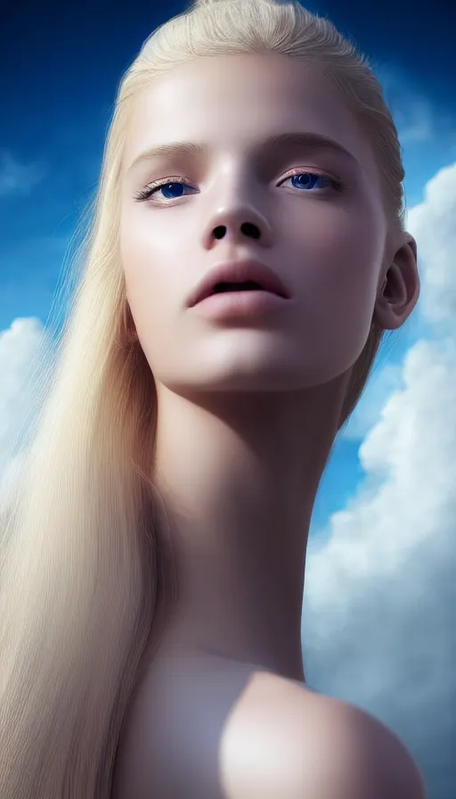 Image similar to photo of purity, a gorgeous blonde young girl , searching for eternity, head in the clouds in the style of stefan kostic, realistic, sharp focus, 8k high definition, high fashion, vogue, insanely detailed, soft light, colorful smoke, intricate, elegant, art by stanley lau and artgerm, sigma 85mm art