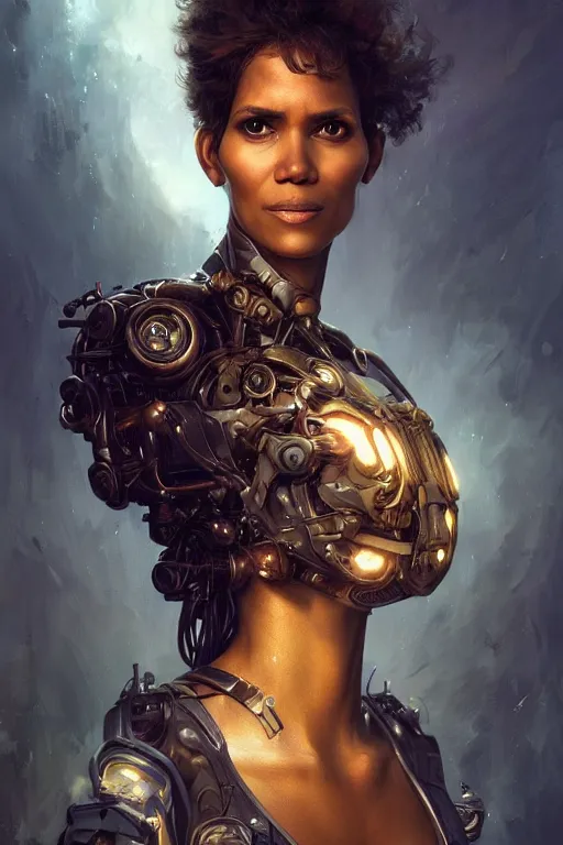 Image similar to portrait oils, beautiful female hybrid cyborg halle berry regal, realistic, refined, detailed, digital art, jessica rossier, michael cheval, esao andrews, steampunk, walt disney, francois boucher, oil painting, highly detailed, cinematic lighting, unreal, natural