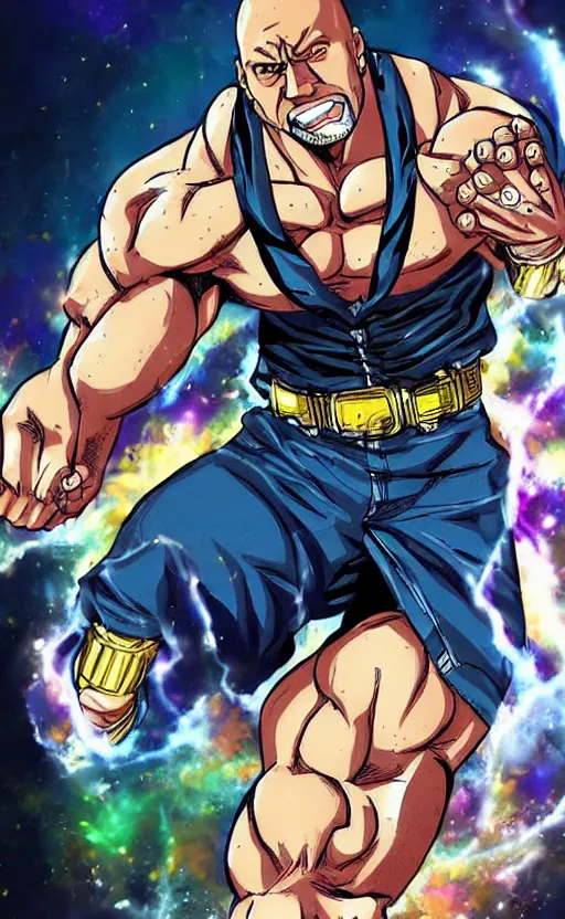 Image similar to Dwayne Johnson in JoJo's bizarre adventure anime style