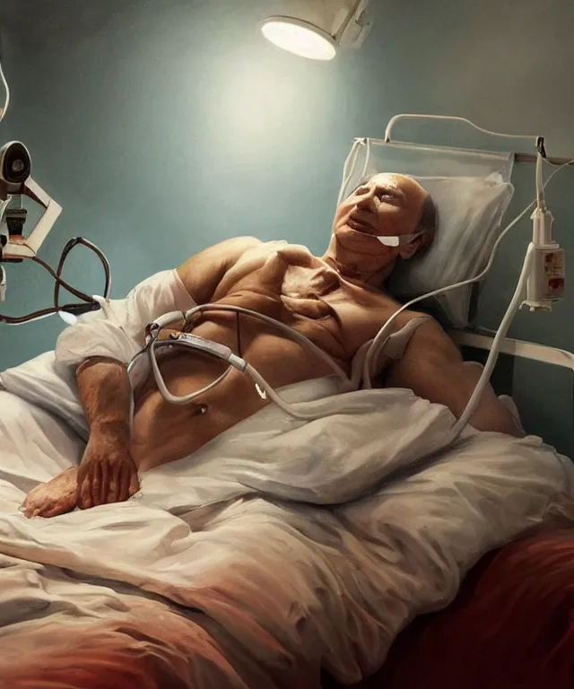 Prompt: a super very hyperrealistic oil painting of ill Vladimir Putin as a patient wearing an oxygen mask on a death bed inhaling from Copium tank that stand near his bed, visible face, artstation, matte painting, highly detailed, intricate, concept art, dramatic cinematic lighting