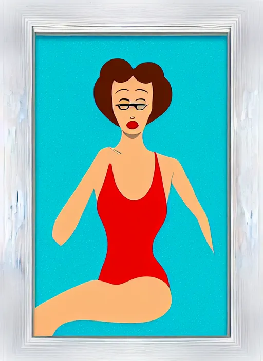 Prompt: portrait of a girl, in retro swimsuit, lying by the pool, minimalist illustration, flat colors, contrasting shadows art by parrish, maxfield, frame from a movie